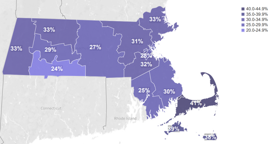 A map showing the percentage of residents of each Massachusetts county who have been fully vaccinated for COVID-19, as of April 20, 2021.