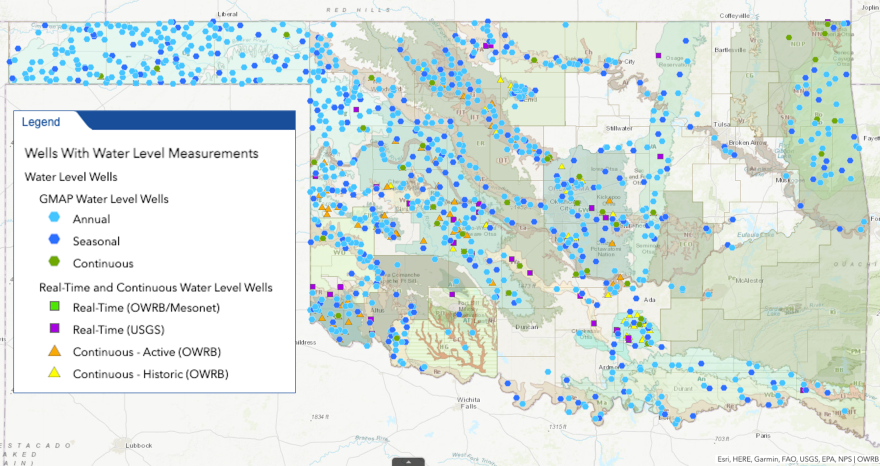  An <a  href="https://owrb.maps.arcgis.com/apps/webappviewer/index.html?id=ce511cb747d64933b4ce82287d771926" target="_blank" link-data="{"cms.site.owner":{"_ref":"00000176-7651-d4db-adff-fe5fce5e0000","_type":"ae3387cc-b875-31b7-b82d-63fd8d758c20"},"cms.content.publishDate":1693336713395,"cms.content.publishUser":{"_ref":"00000181-cfae-d62c-a98d-dffeee420000","_type":"6aa69ae1-35be-30dc-87e9-410da9e1cdcc"},"cms.content.updateDate":1693336713395,"cms.content.updateUser":{"_ref":"00000181-cfae-d62c-a98d-dffeee420000","_type":"6aa69ae1-35be-30dc-87e9-410da9e1cdcc"},"cms.directory.paths":[],"anchorable.showAnchor":false,"link":{"attributes":[],"cms.directory.paths":[],"linkText":"Oklahoma Water Resources Board map","target":"NEW","attachSourceUrl":false,"url":"https://owrb.maps.arcgis.com/apps/webappviewer/index.html?id=ce511cb747d64933b4ce82287d771926","_id":"0000018a-42bb-dfc9-abbb-7efbadd00001","_type":"ff658216-e70f-39d0-b660-bdfe57a5599a"},"_id":"0000018a-42bb-dfc9-abbb-7efbadd00000","_type":"809caec9-30e2-3666-8b71-b32ddbffc288"}">Oklahoma Water Resources Board map</a> shows wells with water level measurements. Green-shaded areas indicate aquifers.