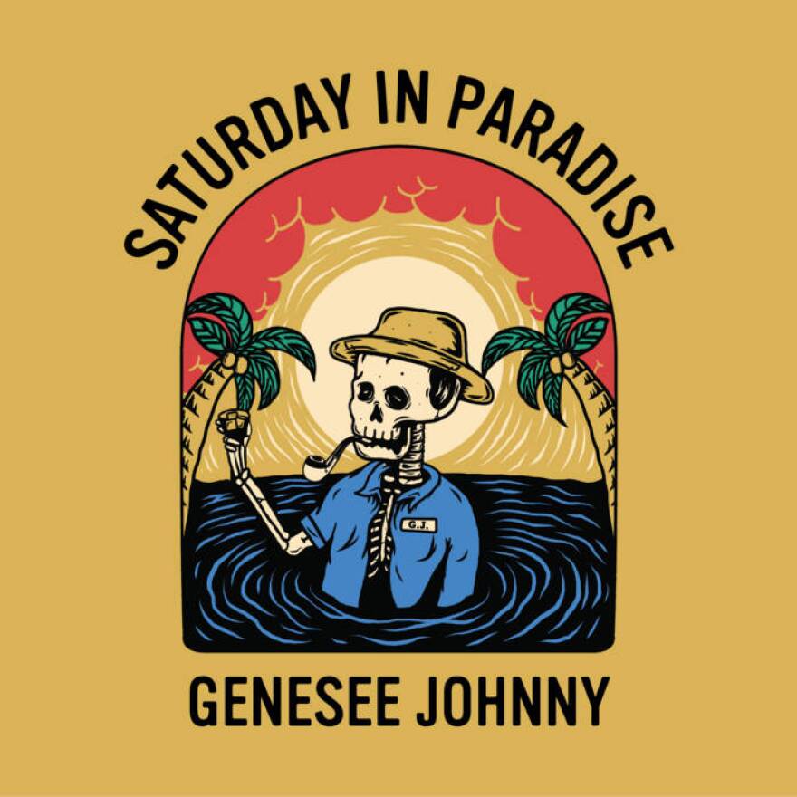 Album cover for "Saturday in Paradise" pictures a skeletal figure in a tropical setting
