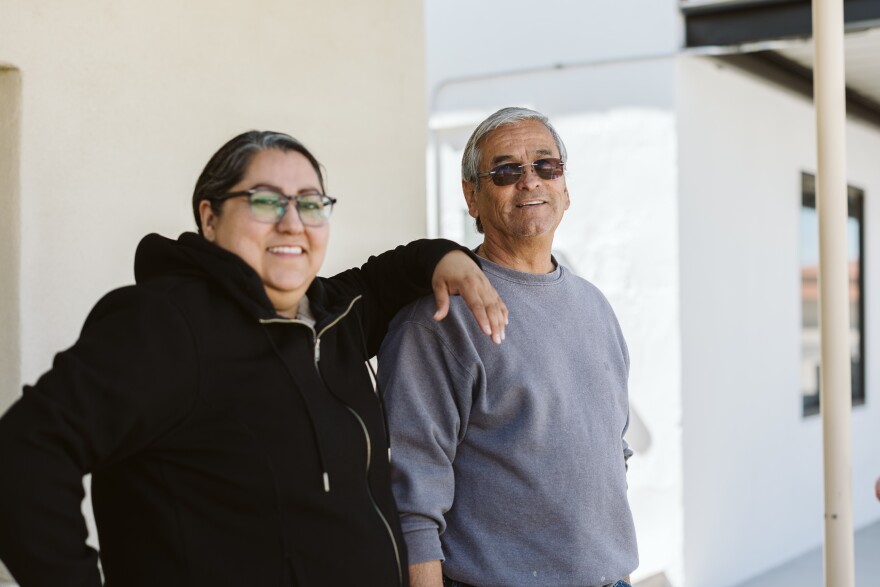 Norberto Ornelas (right) speaks with his daughter-in-law, Arian Velazquez-Ornelas, about his family and his life growing up in Presidio, Texas.