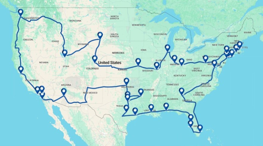 A green and yellow map with a blue line showing where stops across the country will be