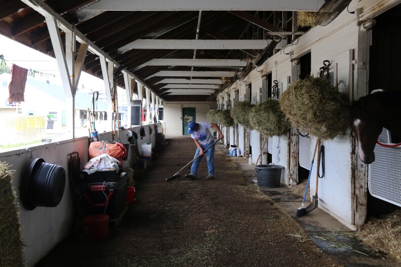 A worker sweeps the ground of stables at Churchill Downs near horses and hay.