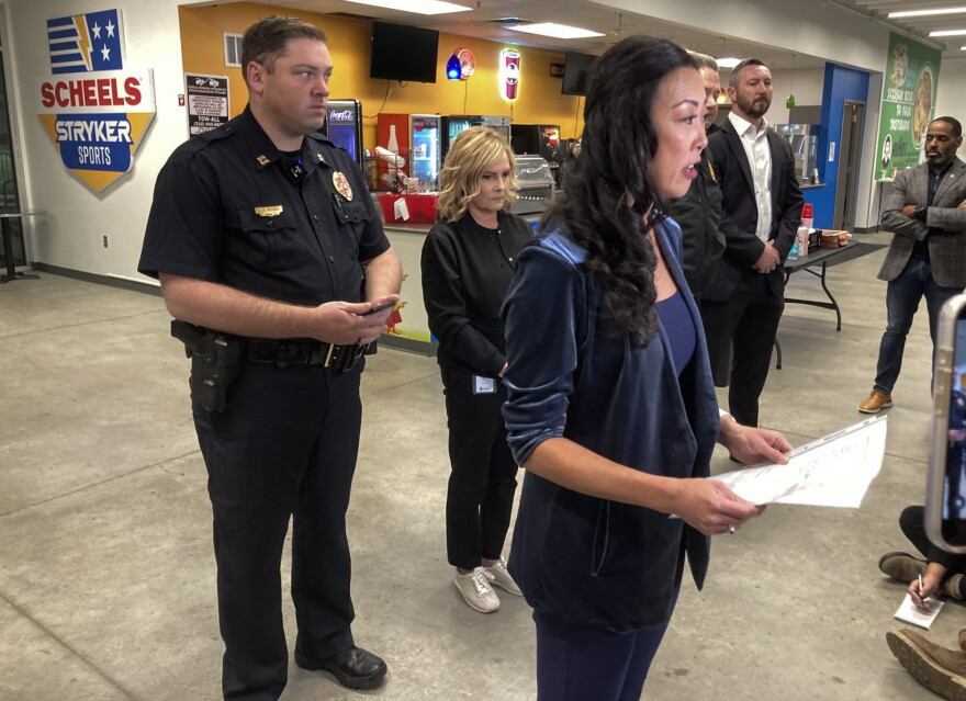 Wichita Mayor Lily Wu gives a statement during a Saturday evening press conference at Stryker Sports Complex.
