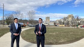 N.C. Attorney General Jeff Jackson and Canton Mayor Zeb Smathers hold a press conference near the site of the former Pactiv Evergreen paper mill in Canton Thursday, Jan. 17, 2025.