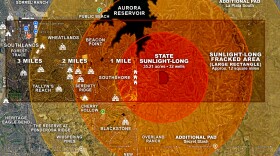 A graphic showing a map with a bullseye around the fracking area
