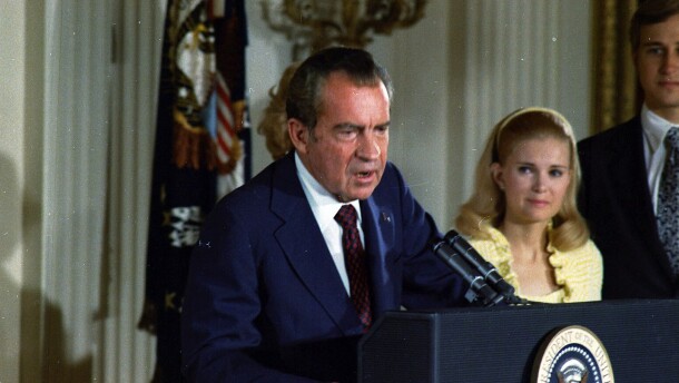 President Richard Nixon's farewell to his cabinet and members of the White House staff.