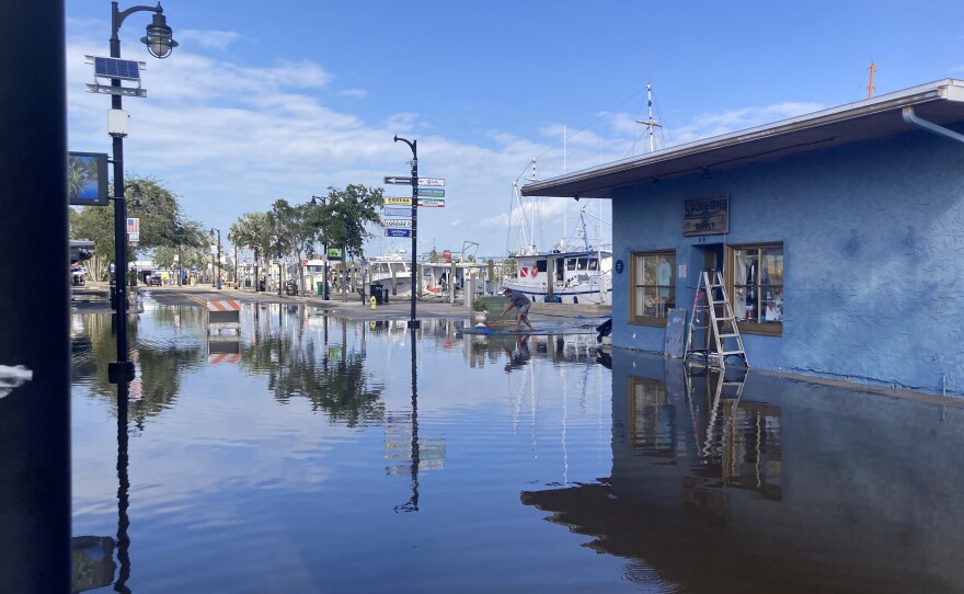 Streets along the Sponge Docks in Tarpon Springs were flooded following Hurricane Helene on Sept. 27, 2024