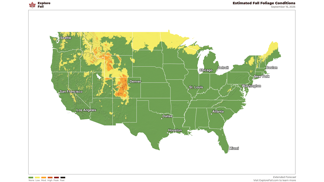 A map created by Explore Fall estimates when fall colors could arrive at specific locations. Scientists say the leaves in many Mountain West destinations are changing about a week early due to drought conditions.