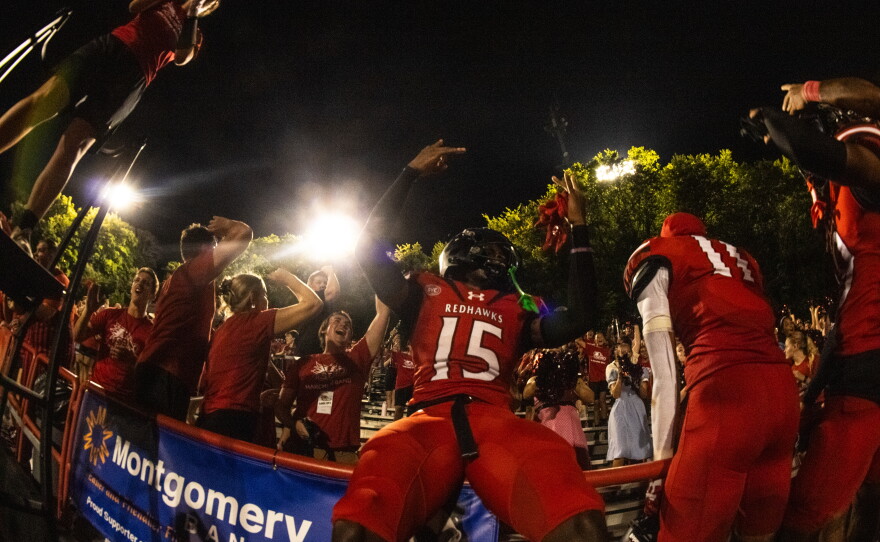 Senior safety Najai Watson throws up the W’s with the crowd after taking down Central Arkansas in the first home game of the season at Houck Field in Cape Girardeau, Mo., Saturday, Sept. 19, 2026.