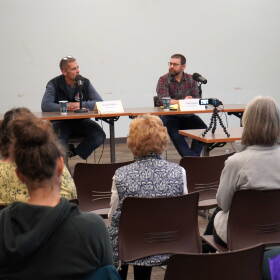 Charlie Redfern and Todd Brigham participate in a candidate forum hosted by KDLL 91.9 FM at the Soldotna Public Library in Soldotna, Alaska, on Wednesday, Oct. 7, 2026.