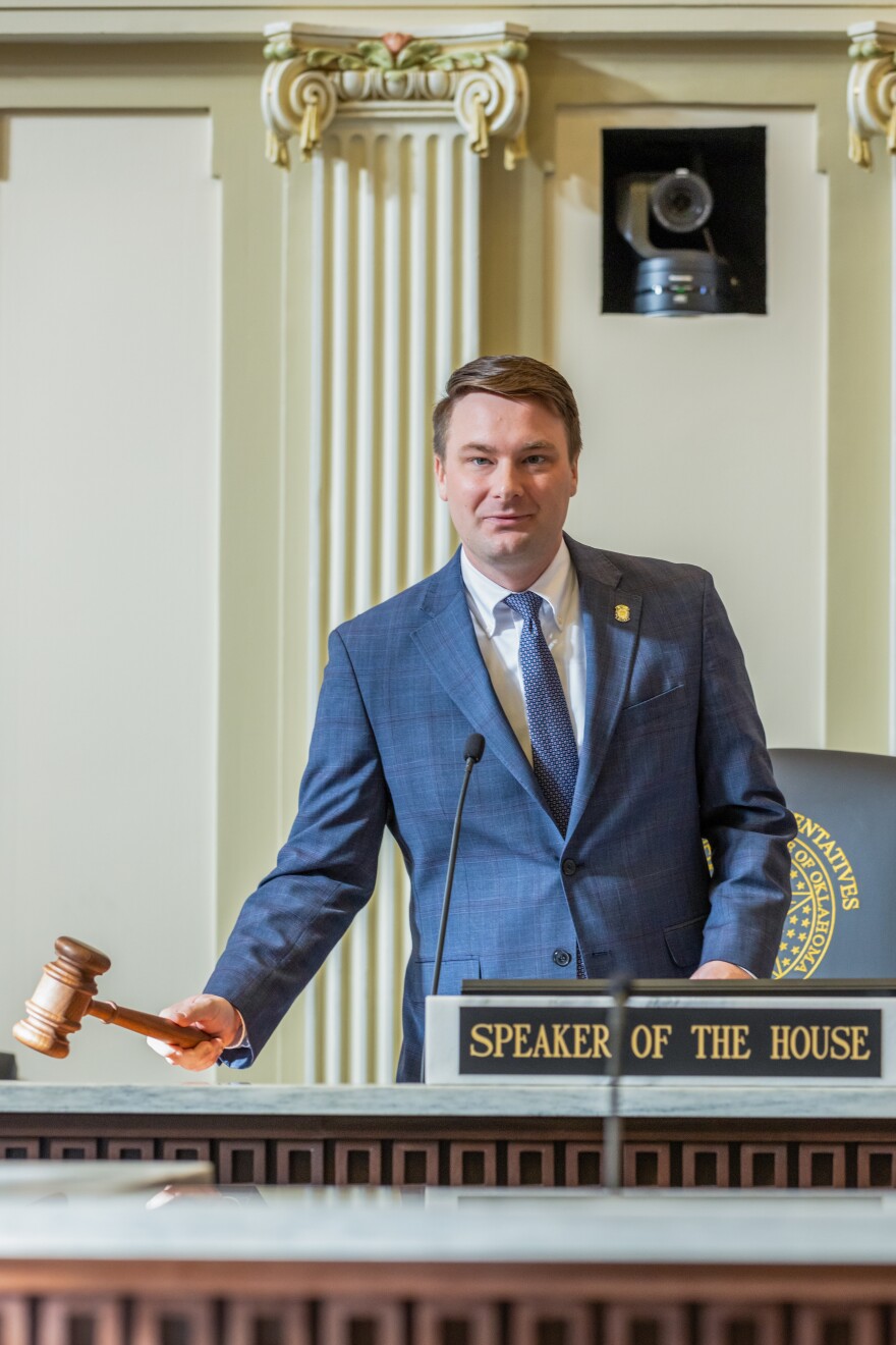 House Speaker Kyle Hilbert, R-Brostow, gavels in his chamber during its official swearing ceremony, on Nov. 20, 2024, at the Oklahoma State Capitol.