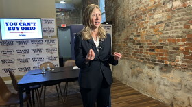 Governor candudate Amy Acton (D) speaks to the news media after a roundtable discussion.