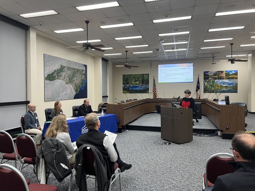 Steph Gans with Clean Water for NC speaks at a public hearing in downtown Raleigh on December 3, 2024. She urged state environmental officials to pass the proposed groundwater standards for three PFAS, but also called for more future action.