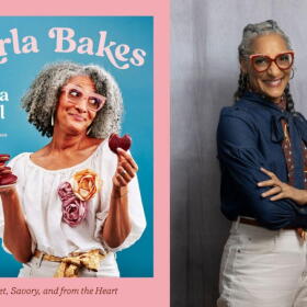 The cover of "Carla Bakes" and author Carla Hall. (Courtesy of 4 Color Books and Marvin Joseph)