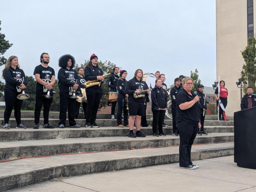 DeKalb County Clerk Tasha Sims talks about the NIU early voting location at the March to the Polls event on Oct. 27, 2026