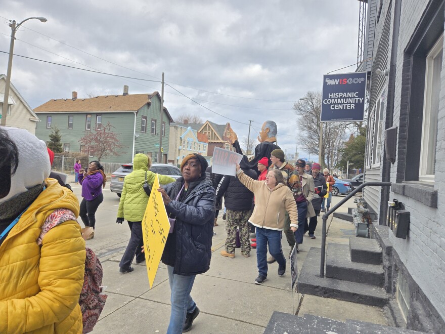 An event for GOP-backed state supreme court candidate Brad Schimel at a Hispanic outreach center in Milwaukee drew protesters on February 27, 2025.