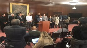 Cincinnati Mayor John Cranley with several local faith leaders at a press conference outling plans for weekend services.