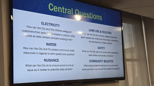 A slide displays sessions topics for the City of Springfield's public engagement sessions on data centers.
