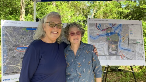 Asheville Pickleball Association President Christina Dupuch and Secretary Teri Lyng attend an event on the city's plans for a new pickleball complex Monday, April 27, 2026.