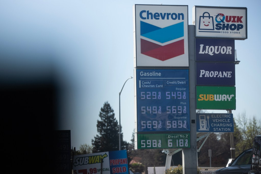 Gas prices are displayed on a sign at a filling station in Fresno on March 6, 2026.