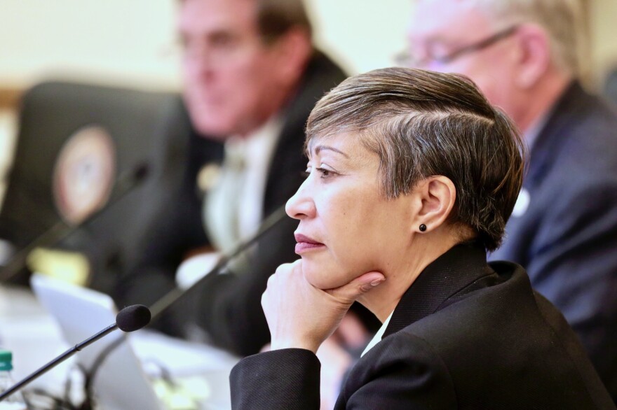 Democratic state Sen. Angela Williams, one of two Senate sponsors of a bill to repeal the death penalty in Colorado, listens to witnesses during a Judiciary Committee hearing Wednesday March 6, 2019.