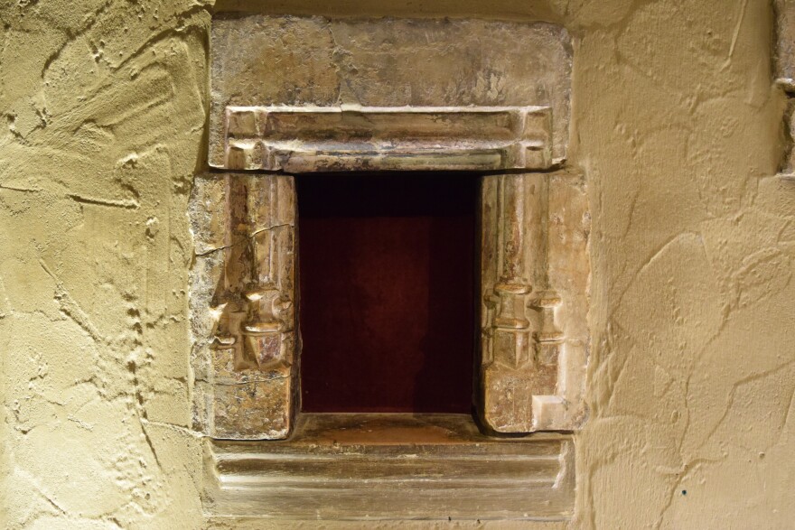 The prayer niche where Joan of Arc is supposed to have prayed. The “Joan of Arc Stone” is at the bottom - smoothed over after many sets of hands touching the stone - and remains a few degrees cooler than the rest of the chapel's stones no matter the season.