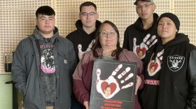 From left to right: Bradley Fitka, Cy Charlie, Traci Fitka, Christian Charlie, Kaelyn Fitka. All showed up to the 2023 Alaska Federation of Natives Convention in Anchorage to tell the story of Kimberly Fitka O'Domin who was reported missing on June 15 and later found dead on June 27 in the Yukon River about 30 miles upriver from Emmonak.