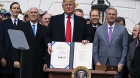 President Donald Trump shows off a new North American trade agreement with Canada and Mexico, during an event at the White House, Wednesday, Jan. 29, 2020, in Washington.