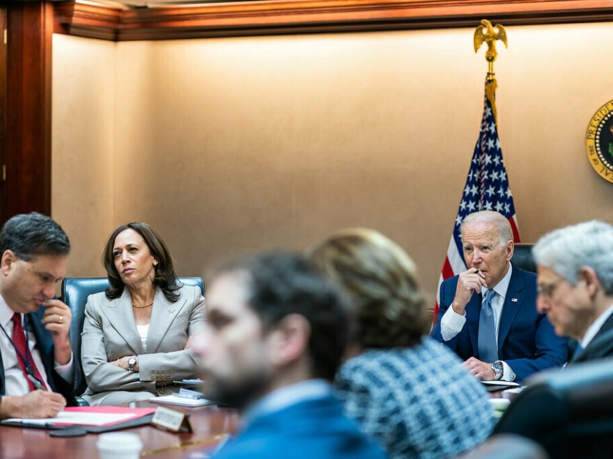 President Biden and Vice President Kamala Harris are briefed on efforts to counter ransomware on July 7, 2021, in the White House Situation Room.