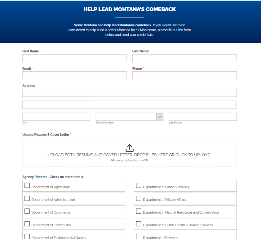 Screen capture of an application form on servemontana.com, where governor-elect Greg Gianforte is seeking applicants for state jobs. 