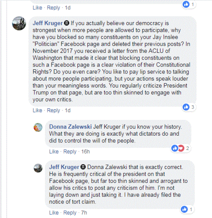 Jeff Kruger posted to Gov. Jay Inslee's official Facebook page after he was blocked from posting on Inslee's campaign page.