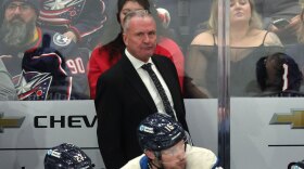 Columbus Blue Jackets coach Dean Evason watches his team  during a game.