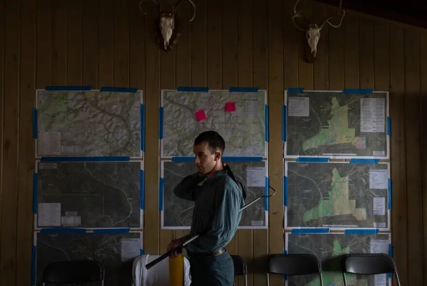 Maps of the area that will become Post Oak Ridge State Park hang on the wall at the ranch house, where park personnel gathered during a week-long field study near Lampasas.