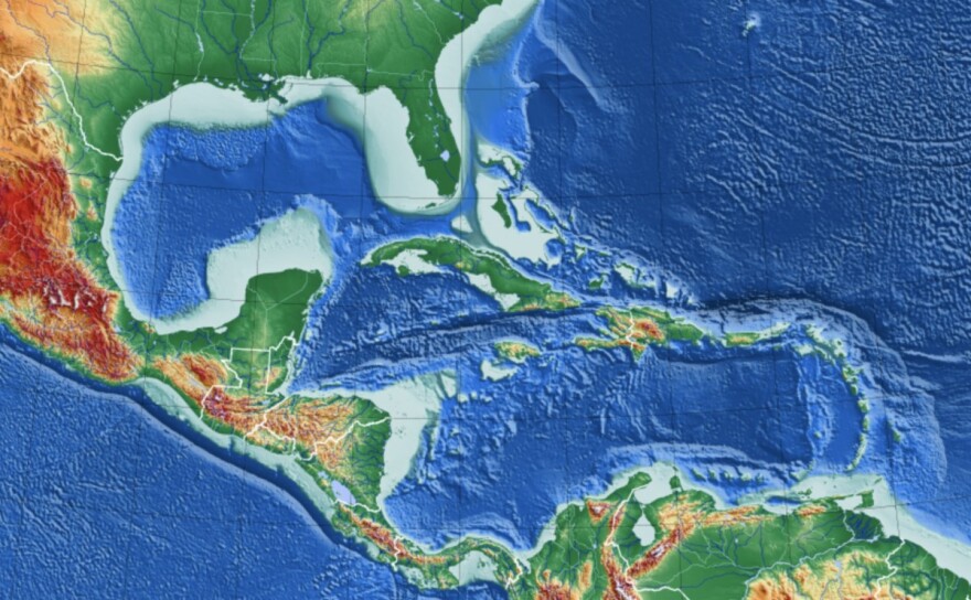 Colorful map of gulf waters between the U.S., Mexico and Cuba. The water is blue and the the land is green.