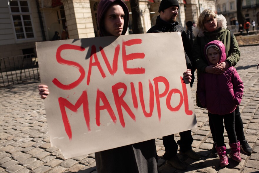 Ukrainians in Lviv show support for the residents and defenders of the southern city of Mariupol on Saturday.