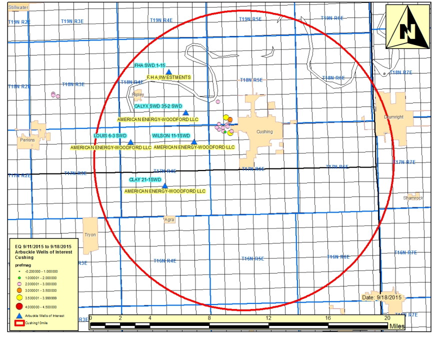 A map from the Corporation Commission details the quake-related disposal well actions issued on Sept. 18, 2015.