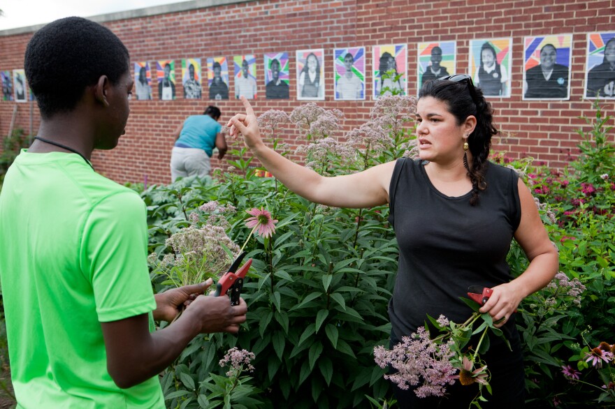 Rebecca Lemos-Otero (right), co-founder and co-executive director of City Blossoms, helps Erwin Tcheliebou, 15, pick flowers to sell at the farmers market. Behind her is a wall featuring the painted portraits of Eastern Senior High students who have worked in the garden.