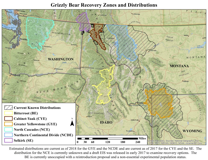 Grizzly bear recovery zones, distributions, and distinct population segments (distributions current as of 2017 and 2018).