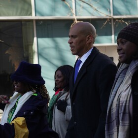 Sen. Cory Booker, D-New Jersey, marches with folks down Main Street to the King Day at the Dome celebration from Zion Baptist Church to the Statehouse in Columbia Jan. 19, 2026.