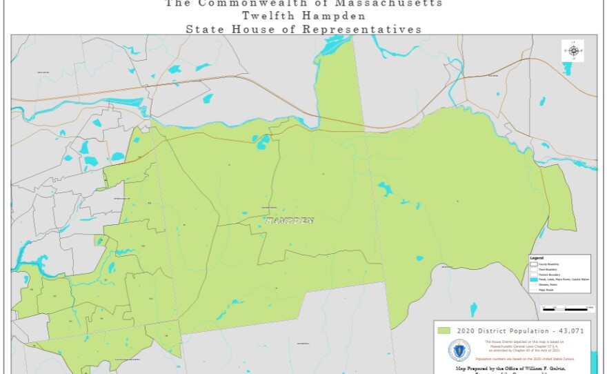 The official map for the 12th Hampden State House District in Massachusetts. Prepared by the office of Secretary of the Commonwealth William F. Galvin in 2020.