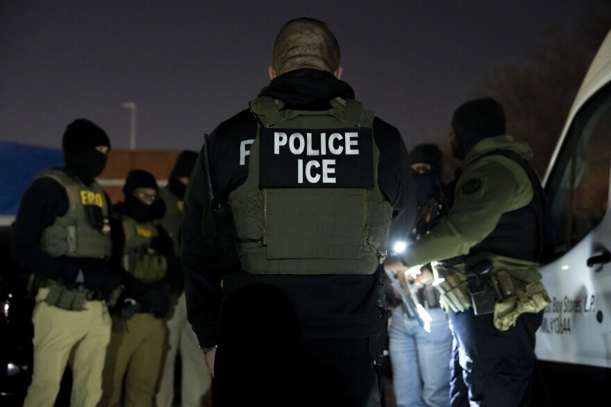U.S. Immigration and Customs Enforcement officers gather for a briefing before an enforcement operation, Monday, Jan. 27, 2025, in Silver Spring, Md. (AP Photo/Alex Brandon)