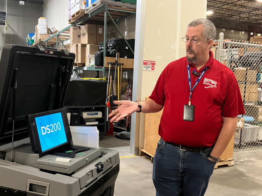 Scott County elections manager James Martin gets ready to show how an election voting machine works, at the county building in Eldridge, Thursday, Oct. 8, 2026.