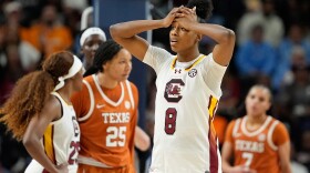 South Carolina forward Joyce Edwards reacts after a foul call during the second half of an NCAA college basketball game against Texas in the final of the Southeastern Conference tournament, Sunday, March 8, 2026, in Greenville, S.C. (AP Photo/Chris Carlson)