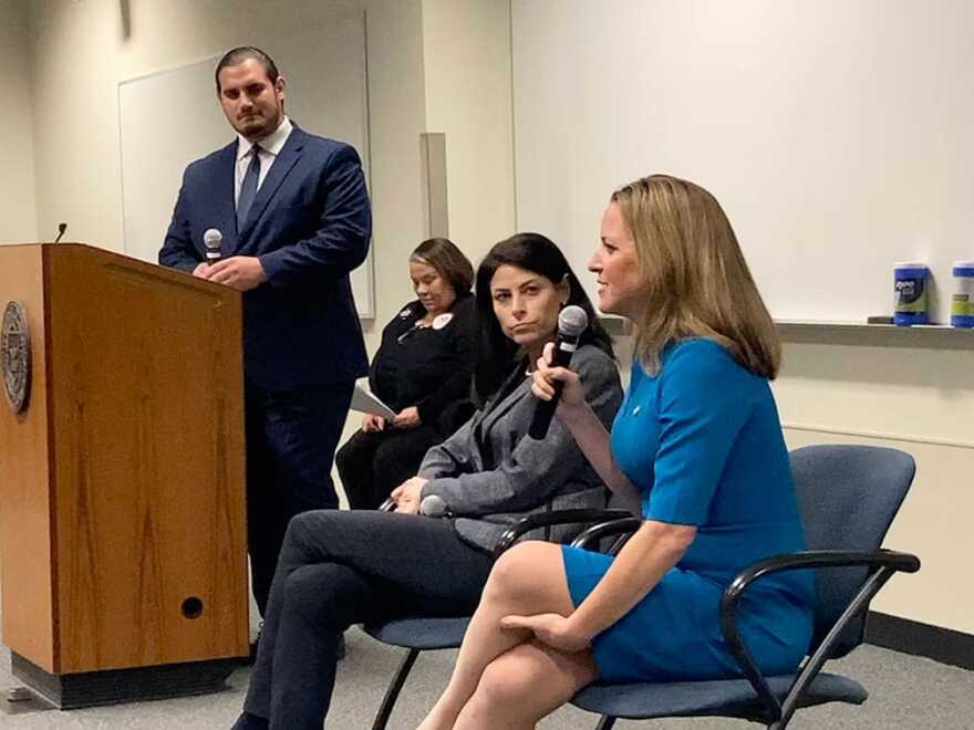 Michigan Secretary of State Jocelyn Benson and Attorney General Dana Nessel participate in a voter education town hall for students at the University of Michigan-Dearborn campus.