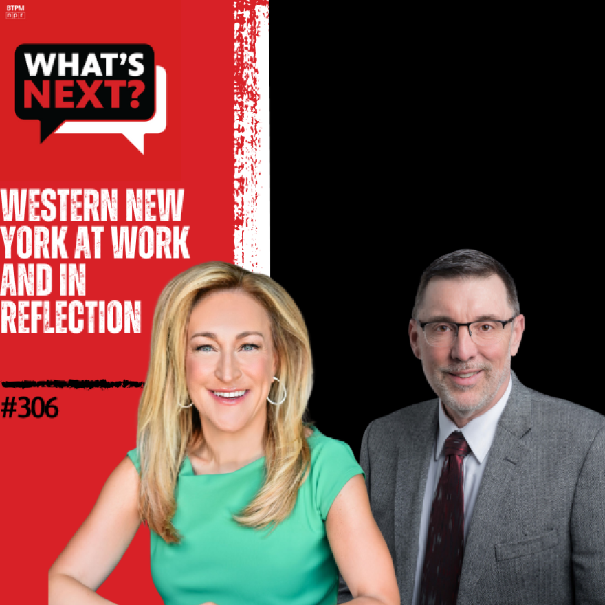 Background from left to right: red, then a vertical, thick white stripe in the middle, then black. from left to right: WN logo in the top corner, "WESTERN NEW YORK AT WORK AND IN REFLECTION" in white text and "#306" in black text over the red and then photos of Megan Gorman and Tom Ulbrich on the right over the black.