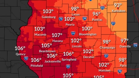 A color-coded weather map of central Illinois shows forecasted high temperatures ranging from 97°F to 107°F, with the hottest areas in the west and southwest, including Quincy, Macomb, and Springfield.