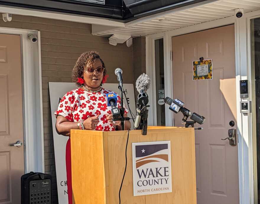 Chair of the Wake County Board of Commissioners Shinica Thomas speaks outside Safe Place Child Enrichment Center in Raleigh.