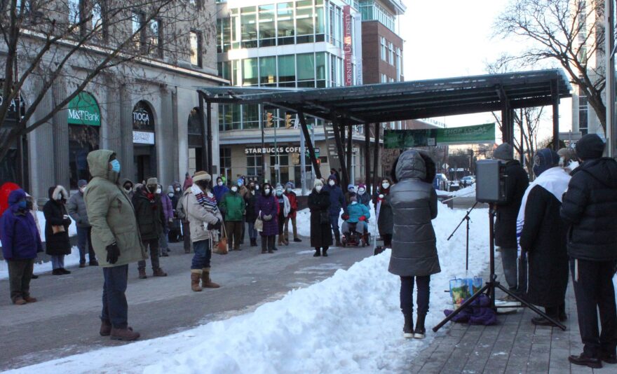 A few dozen Ithaca residents gathered on the Commons on Friday to stand in solidarity with the Jewish community after the hostage-taking incident in Texas earlier this month.