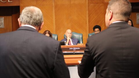 Houston director Mike Nichols and public safety director Larry Satterwhite speak to the Houston City Council and Mayor John Whitmire in Oct. 2025. 