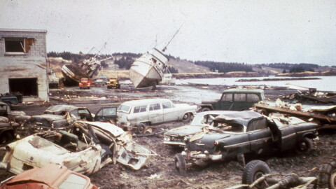 Tsunami damage along the Kodiak waterfront after the 1964 Alaska earthquake.